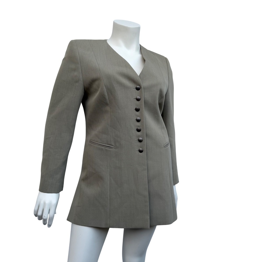 Hucke Longline Blazer Virgin Wool Collarless 90s Vintage Quiet Luxury Gray US 14